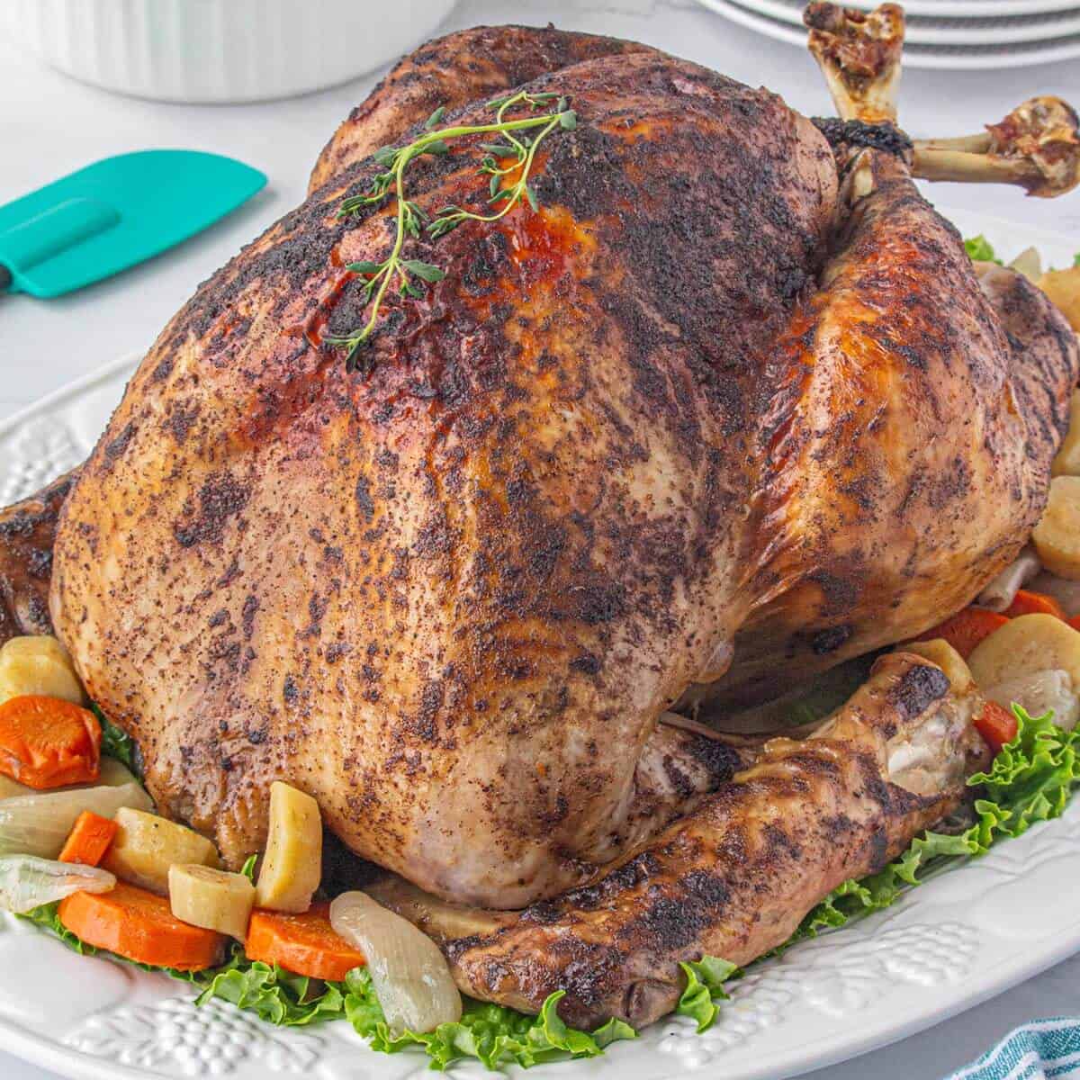 A beautifully browned roast turkey garnished with carrots, onions, and herbs, displayed on a platter for a holiday meal.