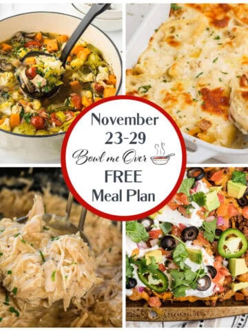 A collage of weeknight recipes including creamy stuffed shells, turkey soup, shredded chicken in a rich sauce, and a loaded tater tot casserole, highlighting the free November 23-29 meal plan from Bowl Me Over.