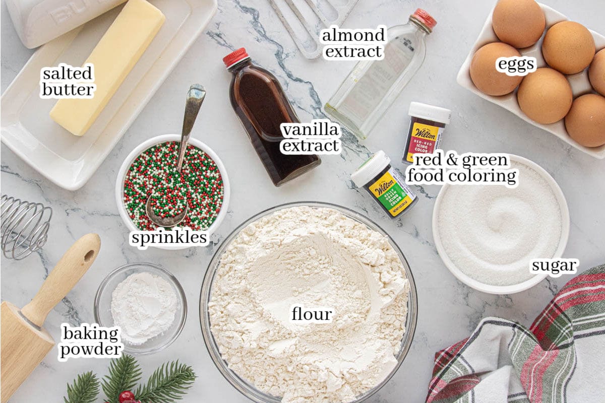 All of the ingredients needed to make the cookie recipe. With print overlay for clarification.