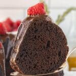 Close-up of a sliced chocolate Bundt cake showing a soft, tender crumb, on a serving spatula.