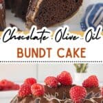 Chocolate Bundt cake drizzled with chocolate glaze and topped with raspberries, sliced and ready to serve. With print overlay for Pinterest.
