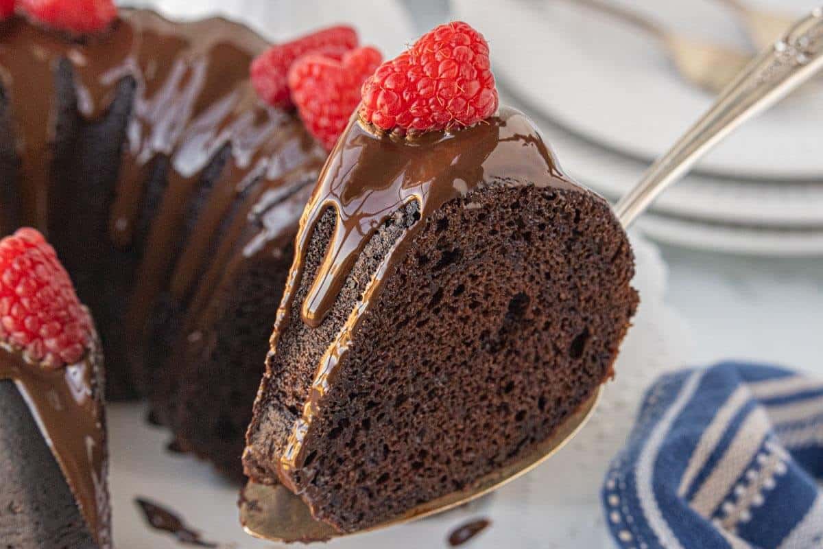 Single slice of chocolate cake topped with glossy chocolate glaze and a fresh raspberry, with the rest of the bundt cake in the foreground.