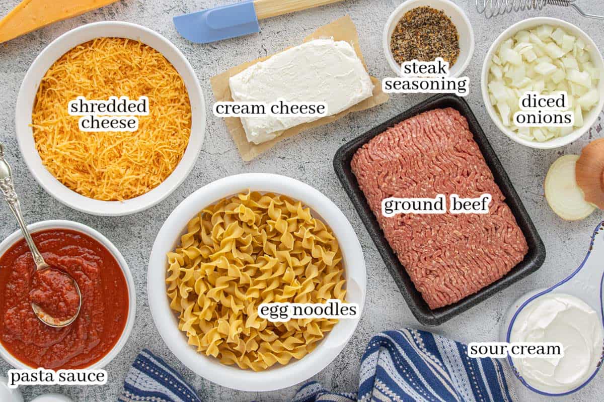 Overhead view of ground beef, egg noodles, shredded cheese, cream cheese, sour cream, diced onions, pasta sauce, and seasoning on a light surface.