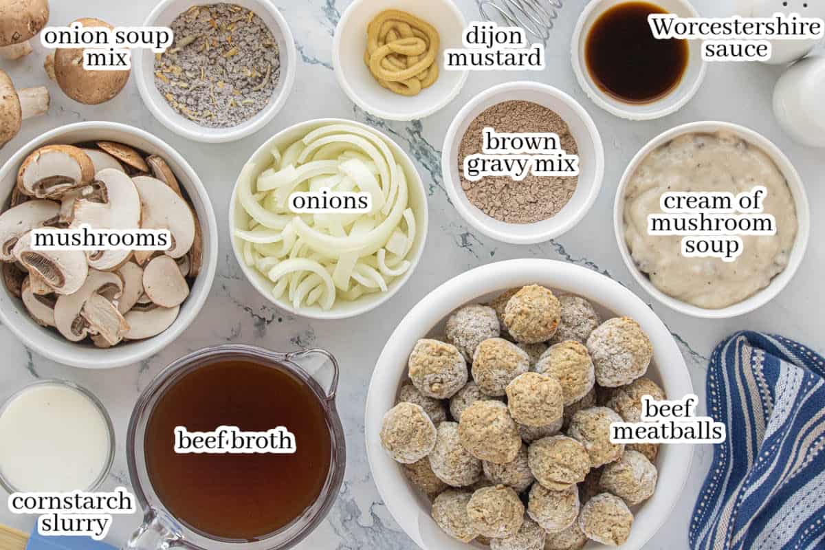 Ingredient setup showing frozen meatballs, mushrooms, onions, broth, soup mixes, and seasonings labeled on a countertop.