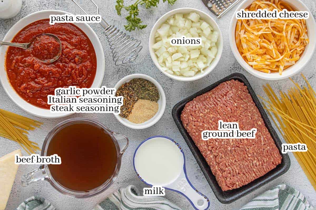 Ingredients for homemade stovetop spaghetti including pasta sauce, onions, shredded cheese, lean ground beef, pasta, beef broth, milk, and seasonings arranged on a countertop. With print overlay for clarificaiton.