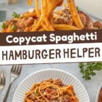 Spaghetti on a white plate. And a fork being liftened full of spaghetti. With print overlay for Pinterest.