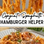 Close-up of copycat spaghetti hamburger helper with saucy spaghetti noodles and ground beef, topped with grated cheese and parsley, and shown as a finished dish.