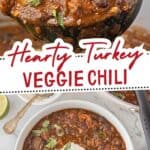 Turkey veggie chili in a bowl topped with sour cream, herbs and a slice of lime. With print overlay for clarification.