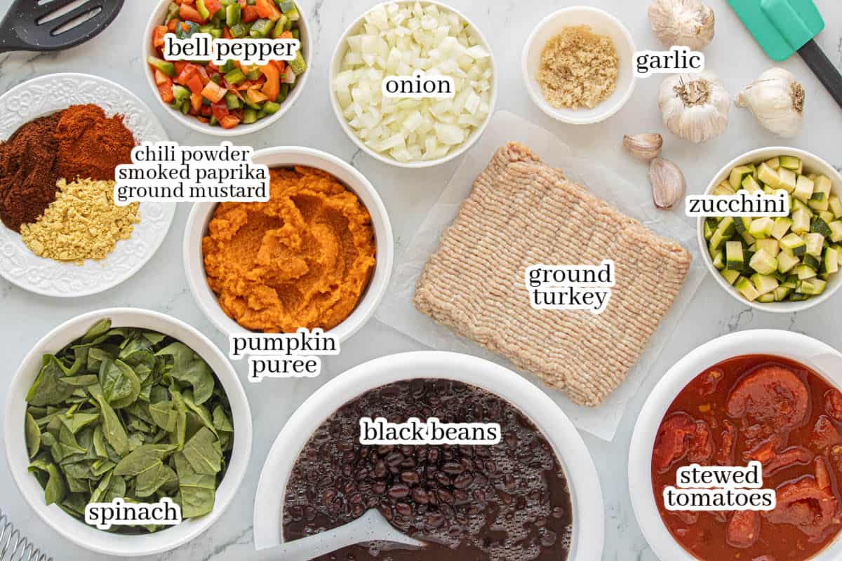 Ingredients for turkey veggie chili including ground turkey, pumpkin puree, black beans, stewed tomatoes, spinach, onion, bell pepper, zucchini, garlic, and spices.