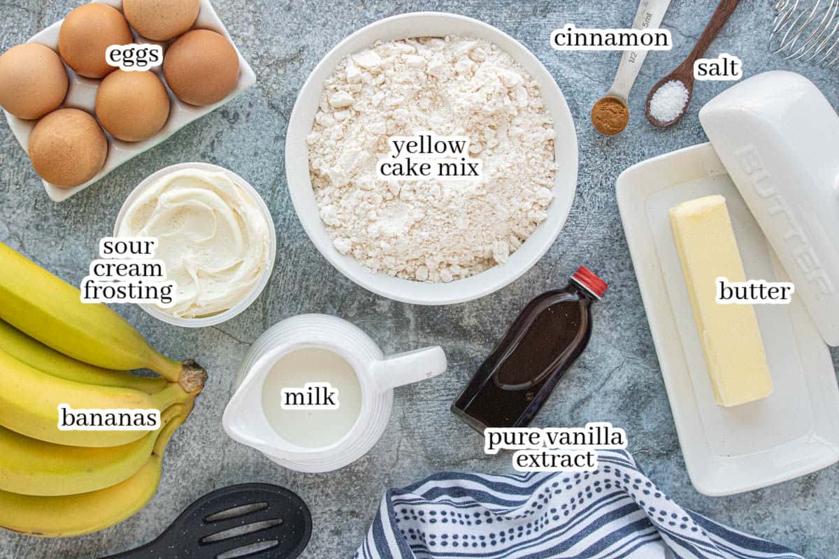 All of the ingredients to make Brown Butter Banana Cake, with print overlay for clarification.