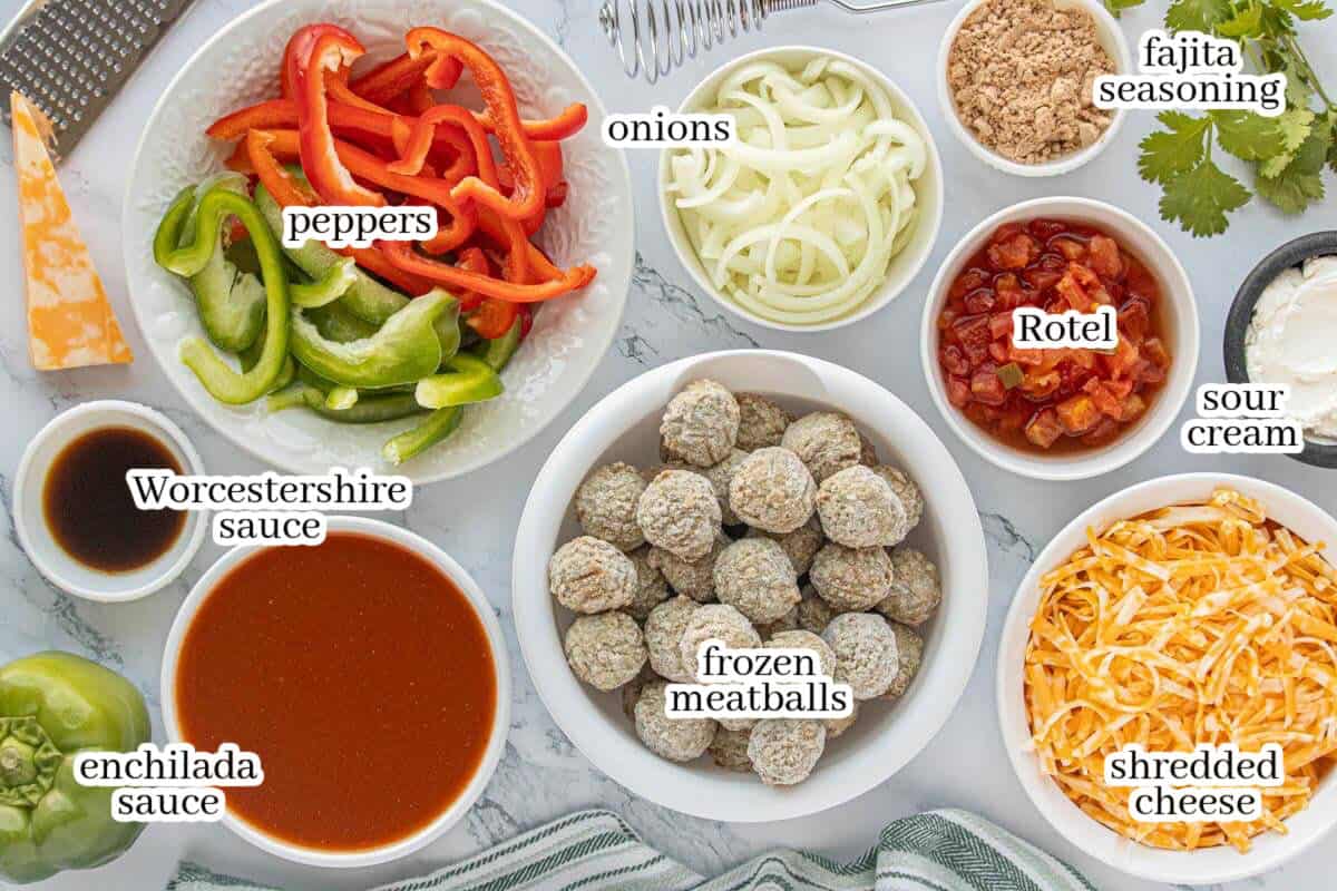 All of the ingredients to make crockpot burrito meatballs. With print overlay for clarification.