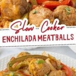 Enchilada meatballs over a bed of spanish rice on a white plate, with a fork. With print overlay for Pinterest.