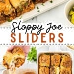 Collage of cheesy sloppy joe sliders made with seasoned ground beef on soft dinner rolls, topped with herbs and baked in a casserole dish, with a close-up showing melted cheese stretching from a pulled-apart slider.