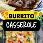 Layered burrito casserole with ground beef, black beans, tortillas, and melted cheese, topped with sour cream and diced tomatoes in a baking dish.