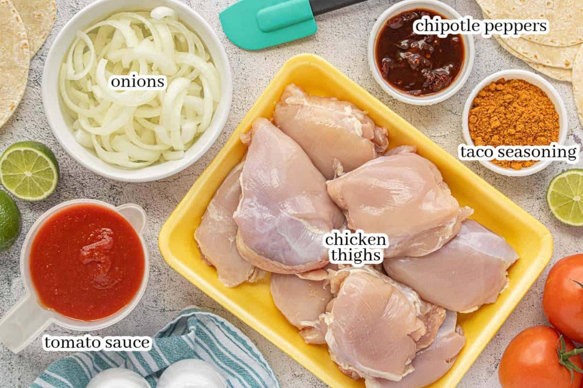 Ingredients for chicken tinga including chicken thighs, onions, tomato sauce, chipotle peppers, and taco seasoning laid out on a countertop.