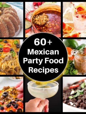 Mexican party food collage featuring tacos, taco dip, black beans, margarita, and cheesy taco pasta.