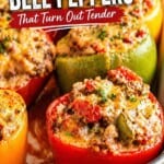 Baked stuffed bell peppers with ground beef, rice, tomatoes, and melted cheese in a casserole dish, garnished with fresh parsley.