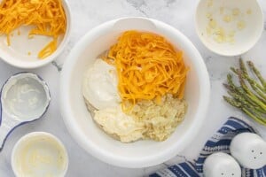 Creamy casserole mixture being stirred together in a large mixing bowl.