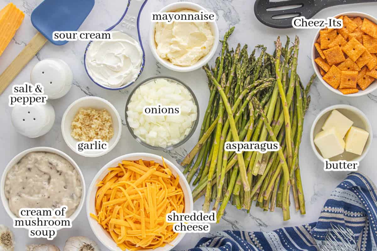 Overhead view of ingredients for asparagus casserole including fresh asparagus, shredded cheese, cream of mushroom soup, sour cream, mayonnaise, onions, garlic, butter, crackers, and seasonings.