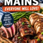 Platter of backyard grilling mains featuring barbecue ribs, grilled chicken drumsticks, sliced chicken breast, grilled pork chops, and medium-rare steak, with bold text overlay for Pinterest reading Backyard Grilling Mains.
