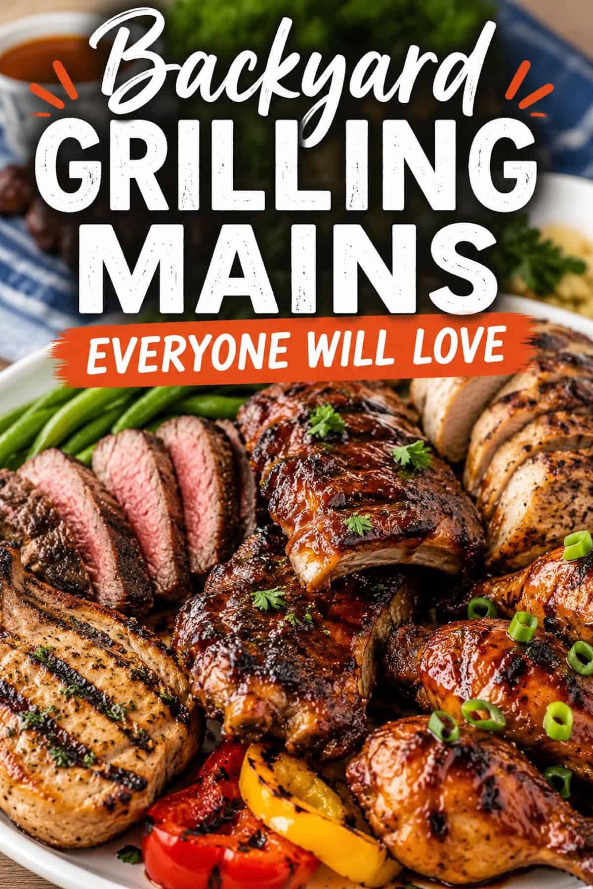 Platter of backyard grilling mains featuring barbecue ribs, grilled chicken drumsticks, sliced chicken breast, grilled pork chops, and medium-rare steak, with bold text overlay Backyard Grilling Mains.