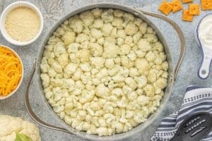 Blanched cauliflower florets in a large pot of water surrounded by casserole ingredients on a countertop.