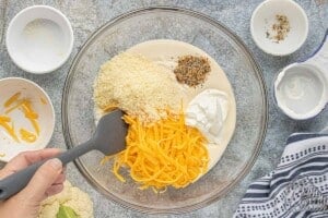 Shredded cheese, sour cream, mayonnaise, Parmesan cheese, and seasonings mixed together in a large glass bowl.