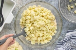 Cooked cauliflower florets added to a creamy cheese mixture in a glass mixing bowl during casserole preparation.