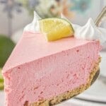 A slice of Cherry Limeade Pie on a serving spatula, with bold print overlay for Pinterest.