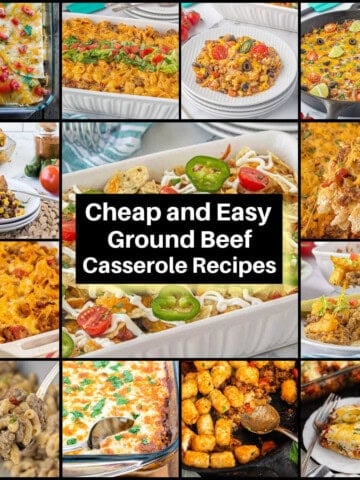 Collage of hearty ground beef casserole recipes including creamy noodle casseroles, cheesy taco bakes, enchilada casseroles, and crispy tater tot casseroles with bold text overlay.