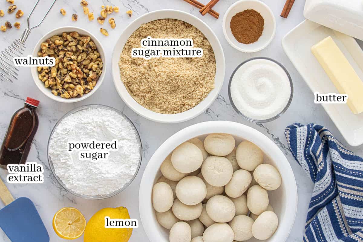 Ingredients to make the Pull-Apart Cinnamon Rolls with frozen bread dough. With print overlay for clarification.