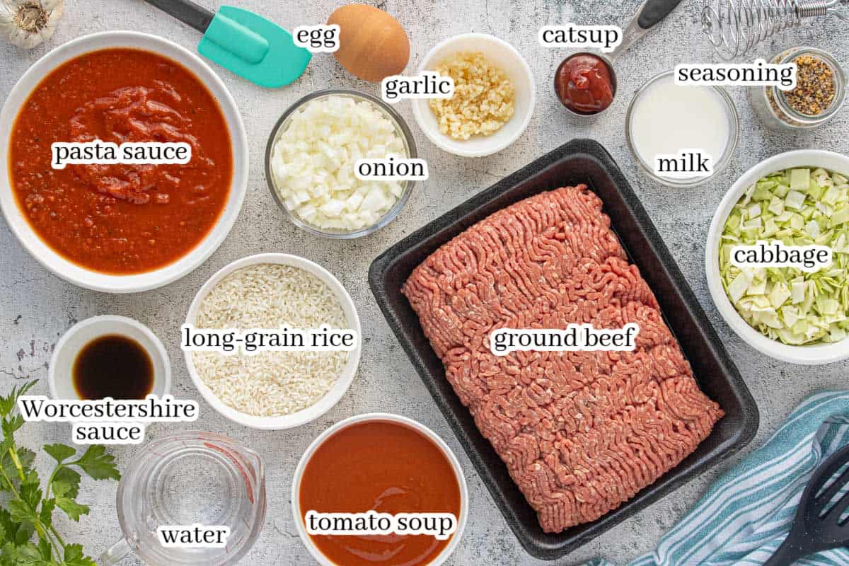 Ingredients for baked porcupine meatballs including ground beef, rice, pasta sauce, tomato soup, cabbage, onion, garlic, Worcestershire sauce, and seasonings arranged on a countertop.