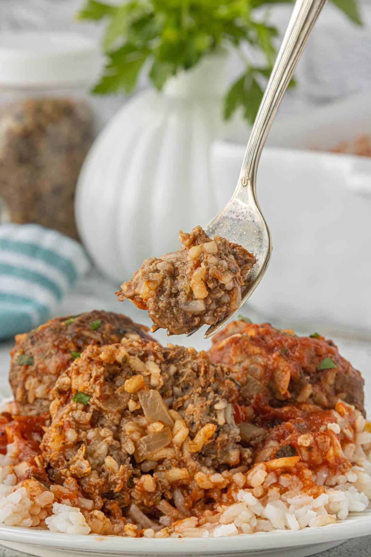 Tender porcupine meatball served over white rice with tomato sauce and a bite shown on a fork.