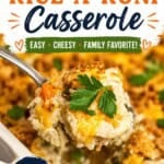 Creamy Chicken Rice-A-Roni Casserole in a baking dish. A spoon is taking a big scoop. Bold print overlay for Pinterest.
