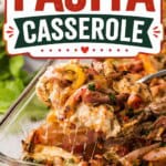 Pinterest pin for Chicken Fajita Casserole featuring a glass baking dish filled with cheesy chicken, sautéed peppers, onions, and Rotel tomatoes. A serving is lifted from the casserole with melted cheese stretching from the pan, with bold text overlay reading "Chicken Fajita Casserole" and "Easy • Cheesy • Delicious."