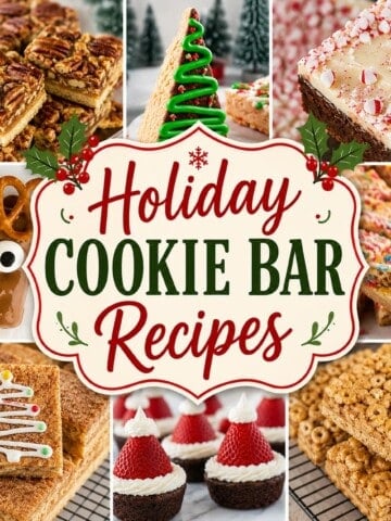Collage of festive holiday cookie bars and Christmas treats with text overlay reading "Holiday Cookie Bar Recipes," featuring pecan bars, peppermint bark brownies, Christmas tree treats, reindeer Rice Krispie treats, Fruity Pebbles blondies, Santa Hat Brownies, snickerdoodle bars, and peanut butter Cheerio bars.
