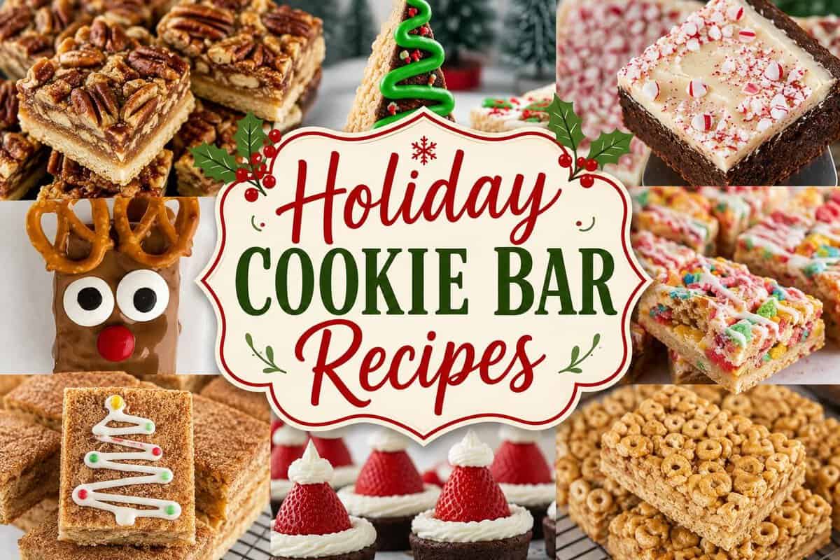 Holiday dessert collage featuring a variety of Christmas cookie bars and no-bake treats with a festive "Holiday Cookie Bar Recipes" title, including pecan bars, peppermint bark brownies, Christmas tree treats, reindeer Rice Krispie treats, Fruity Pebbles blondies, Santa Hat Brownies, snickerdoodle bars, and peanut butter Cheerio bars.