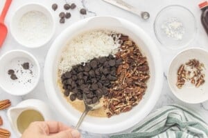 Chocolate chips, shredded coconut, and chopped pecans added to the graham cracker mixture before stirring everything together into a thick batter.