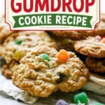 Pinterest pin for Old Fashioned Gumdrop Cookie Recipe featuring soft, chewy oatmeal cookies filled with colorful gumdrops, with bold recipe title text overlay.