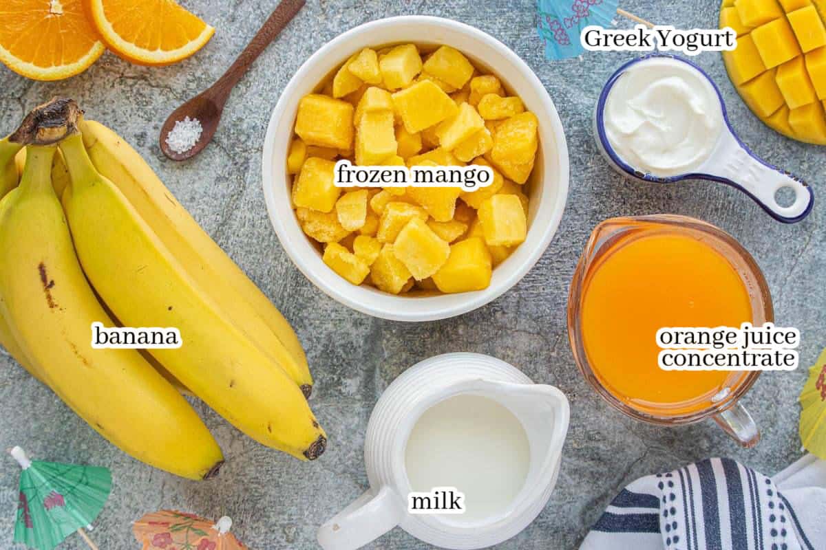 Ingredients to make the smoothie recipe, with print overlay for clarification.