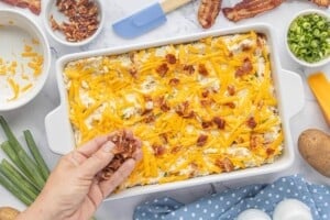 Cheddar cheese and crumbled bacon sprinkled over mashed potato casserole before baking.