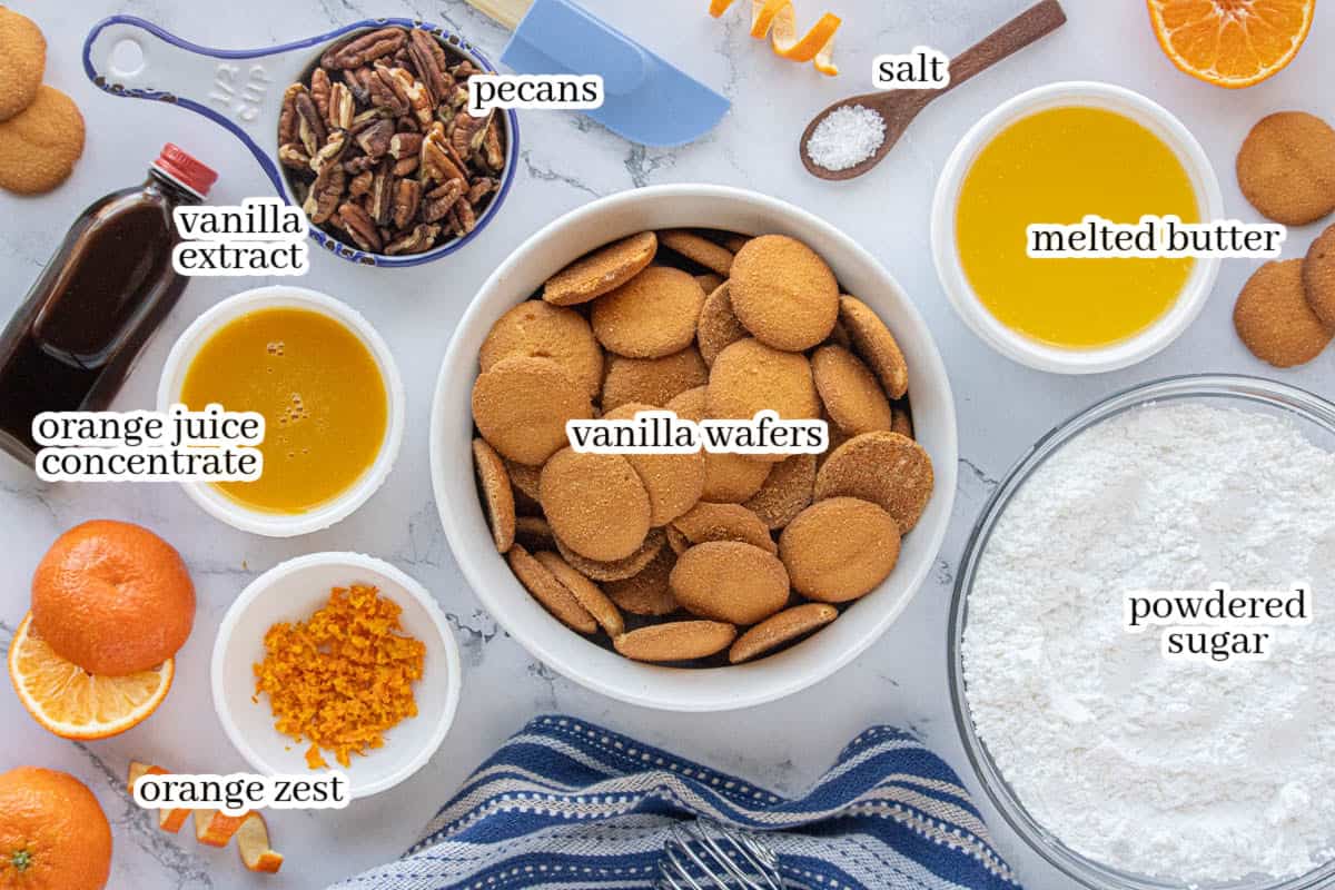 Ingredients to make Orange Snowball Recipe. With print overlay for clarification.