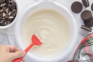 Melted white chocolate and cream cheese frosting stirred together until smooth and creamy.