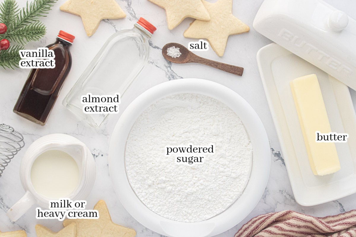 All of the ingredients on a counter needed to make the sugar cookie frosting. Butter, powdered sugar, milk, salt, vanilla and almond extract. With print overlay for clarification.