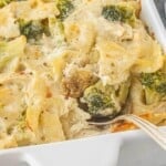 Close-up of creamy chicken broccoli Alfredo casserole with bow tie pasta and melted cheese, with a serving spoon ready to scoop out a portion.