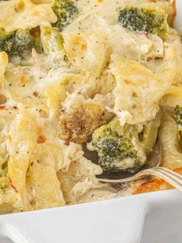 Close-up of creamy chicken broccoli Alfredo casserole with bow tie pasta and melted cheese, with a serving spoon ready to scoop out a portion.