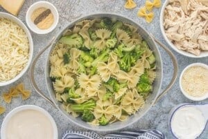 Bow tie pasta and broccoli cooked together in a pot before assembling the casserole.