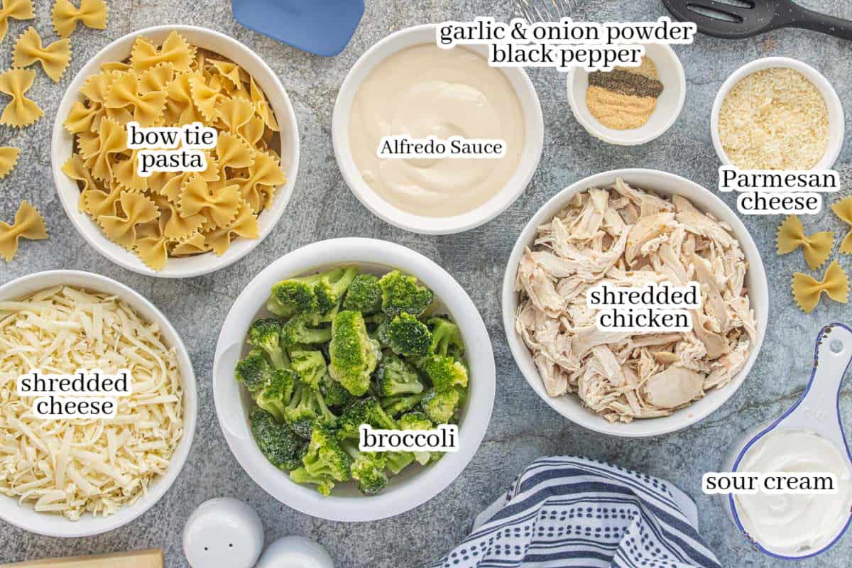 Overhead shot of ingredients to make casserole dish including bow tie pasta, Alfredo sauce, spices, parmesan and shredded cheese, broccoli, chicken and sour cream. With print overlay for clarification.