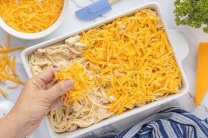 Creamy chicken spaghetti mixture in a casserole dish and topped with a generous layer of shredded cheddar cheese before baking.