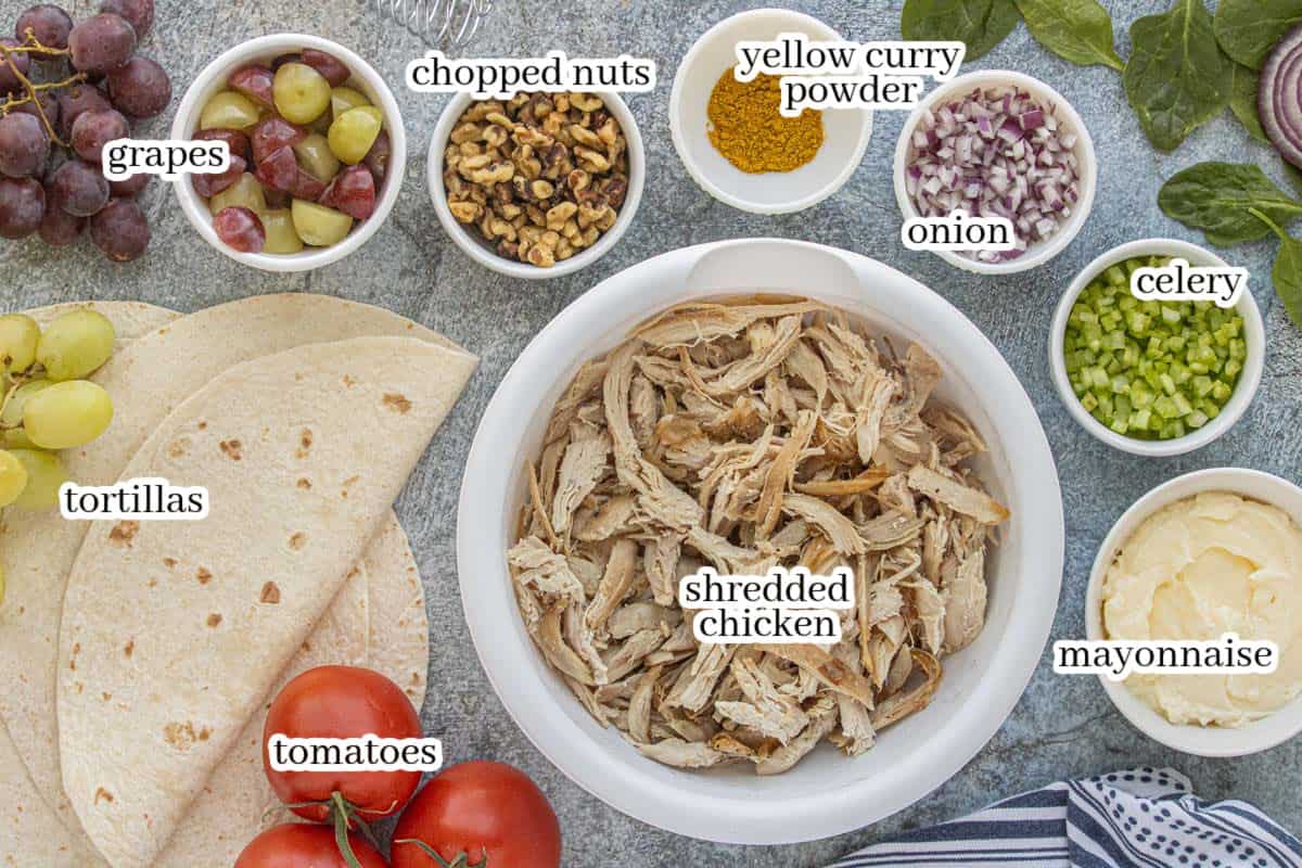 Ingredients for Curry Chicken Salad with Grapes including shredded chicken, grapes, chopped nuts, curry powder, red onion, celery, mayonnaise, tortillas, and tomatoes.